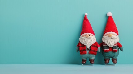 Gnome ice-skating with holiday scarves and hats, winter fun, 3D illustration