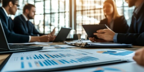 Fototapete - A business environment where customer service representatives hold strategic meetings to discuss client feedback and service enhancements.