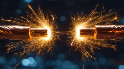 Two copper wires making contact, with intense sparks and small arcs of electricity, emphasizing the raw power of electrical energy.