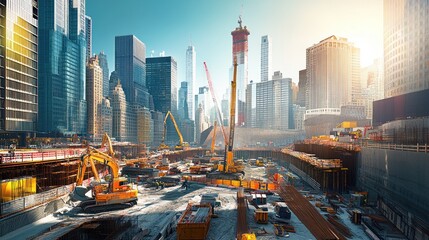 Poster - Urban construction site, bustling with activity and surrounded by city skyscrapers, showcasing the growth and development of modern city infrastructure.