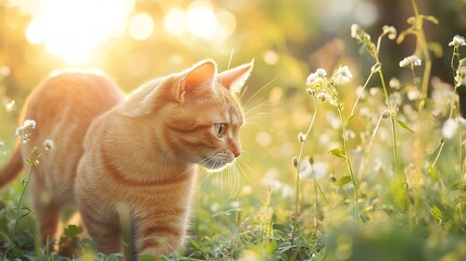 Portrait of a cat on nature outdoors. Funny kitten walking in the garden on a summer sunny day. Horizontal banner