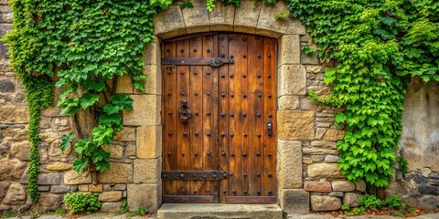 A rustic wooden door with worn iron hardware and weathered finish, set in a stone wall with vibrant green ivy crawling up the surround.