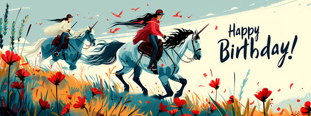 Two young women, one in a red cloak and the other in white, ride white horses through a vibrant landscape, celebrating a birthday.