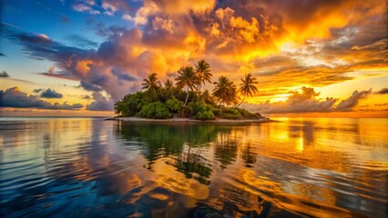 Golden Hour casts a warm glow on the tranquil tropical island, illuminating the vibrant hues of the sky that mirror in the serene waters, creating an expansive and calming atmosphere.