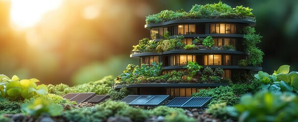 futuristic ecofriendly building model surrounded by lush greenery and solar panels showcasing innovative architecture designed to reduce carbon footprint bathed in warm sunlight