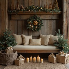 Rustic-themed Christmas backdrop with festive decorations, including wooden accents and warm colors