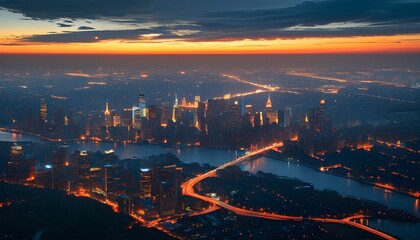 Wall Mural - Dazzling aerial perspective of Earth illuminated by city lights at dusk, celebrating global connectivity and urban landscape beauty