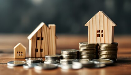 Sticker - Wooden houses and coins representing home investment and financial growth in real estate