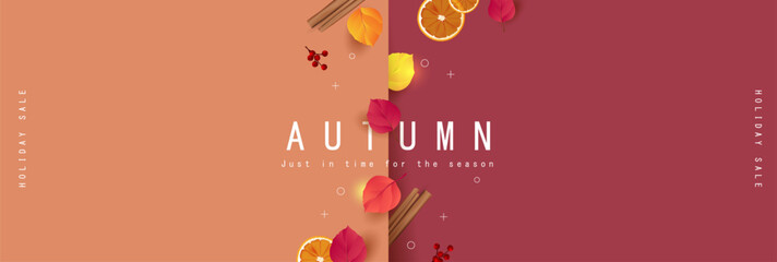 Wall Mural - autumn gift promotion coupon banner background decorated with autumn leaves and seasonal decorations