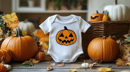 Wall Mural -  White baby bodysuit mock-up, Halloween-themed, on a wooden background design 