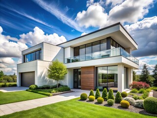 Beautiful new modern house with white exterior, large windows, and lush green landscaping, set against a clear blue sky with a few puffy clouds.