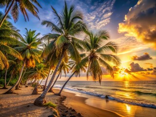 Golden Hour Bathes Palm Trees in Soft Warm Light Along Secluded Beach