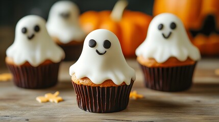 Handmade halloween ghost cupcakes on the table