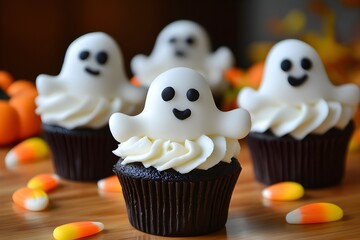 Handmade halloween ghost cupcakes on the table