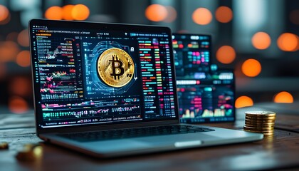 Wall Mural - Dynamic cryptocurrency trading scene with Bitcoin coins on a laptop displaying market analytics and data for digital finance enthusiasts