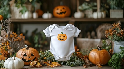 Wall Mural -  White baby bodysuit mock-up, Halloween-themed, on a wooden background design 