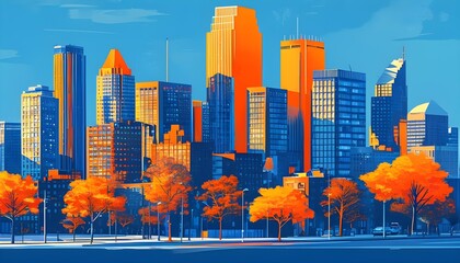 Vibrant urban skyline illustration showcasing colorful buildings, lush trees, and bustling streets in striking blue and orange hues