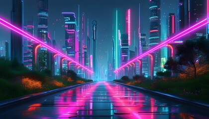 Wall Mural - Neon-Lit Futuristic Cityscape Showcasing Advanced Technology and Innovation with a Glowing Path