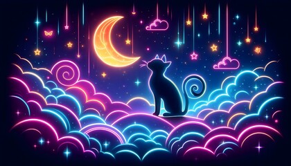 background with glowing colorful neon cat shapes and night sky stars and moon