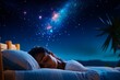 © Sanchai - Dreamy scene of someone sleeping under a starry sky, with constellations and galaxies forming above their bed, blending the boundary between dreams and reality