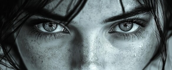 intense black and white portrait highlighting a womans striking eyes with sharp contrasts between sh