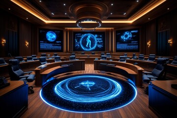 Futuristic courtroom with holographic displays, where evidence is projected in mid-air, and lawyers present cases using digital screens and advanced technology