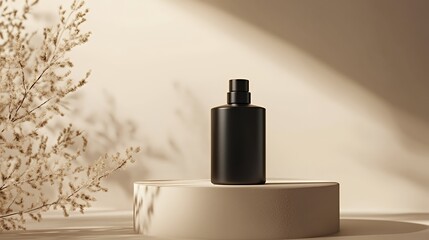 Wall Mural - Black bottle on podium with delicate branch in the background.