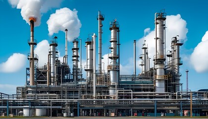 Wall Mural - Complex structures of an oil refinery under a clear blue sky highlighting advanced machinery for fuel production