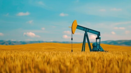 Oil pump rig extracting crude in a vast wheat field under a blue cloudy sky representing the energy industry global economy and frontier market investments