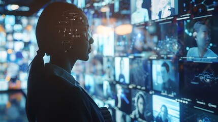 Silhouette of a woman in front of a wall of digital screens displaying data and information.