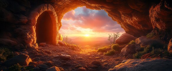 Wall Mural - jesuss empty tomb at sunrise light breaking through the darkness symbolizing resurrection and hope with soft warm colors enhancing the spiritual atmosphere of reverence