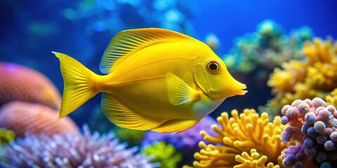 Vibrant yellow tang fish swims in front of a coral reef, its bright yellow body and flowing fins a stark contrast to the blue ocean water.