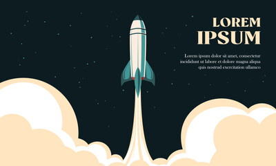 rocket ship take off illustration 80's background. suitable for space mission launch and technology 