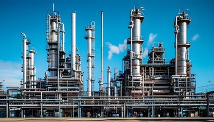 Wall Mural - Complex structures of an oil refinery under a clear blue sky highlighting advanced machinery for fuel production