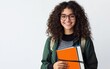 © twinklewin labs - Smiling female student with curly hair and glasses on a white background