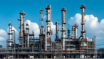 Complex structures of an oil refinery under a clear blue sky highlighting advanced machinery for fuel production