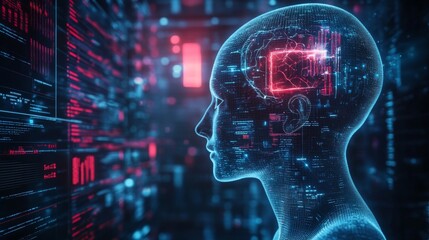 Digital Human Profile with Brain and Code in Neon Lights
