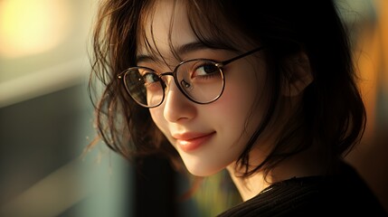 Wall Mural - Close-up portrait of a young woman with glasses and a warm, soft smile.