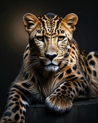 professional photo of leopard front view sitting and lay down in a dark room black background close up