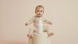 © Pixora Labs - Baby sitting on a stool with milk bottle in lap on a beige background