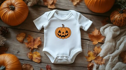 Wall Mural -  White baby bodysuit mock-up, Halloween-themed, on a wooden background design 