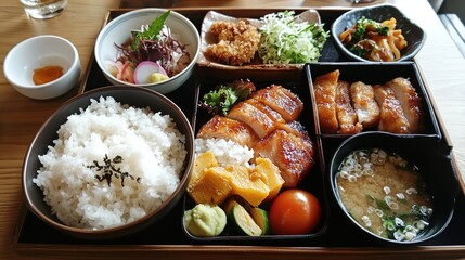 A vibrant and inviting scene depicting an array of delicious Japanese food served in a cozy local restaurant. The table is adorned with an enticing selection of traditional dishes, including sushi, 