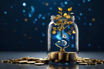 A golden-leaved tree grows from a jar of coins, surrounded by glowing dollar, euro, pound, yen, and cryptocurrency symbols. This professional, futuristic scene symbolizes global financial growth and d