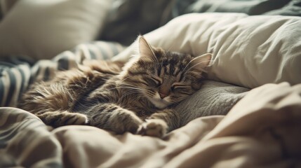 A sleepy cat resting on a bed, surrounded by plush pillows and blankets, in a serene setting