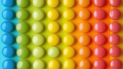 A strip of brightly colored candy buttons in neat rows, their vivid hues popping against the clean paper background