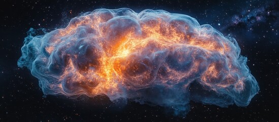 Poster - Abstract brain shaped cloud with glowing fiery core and stars in the dark background.