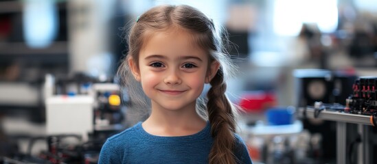 Wall Mural - A young girl with long brown hair smiles sweetly at the camera. She is wearing a blue shirt.