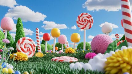 Colorful candy landscape with giant lollipops, candy flowers, and a bright blue sky. A whimsical and sweet environment for children and imagination.