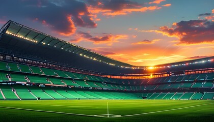 Wall Mural - Anticipation in an Empty Soccer Stadium at Sunset, Bathed in Soft Floodlight Glow