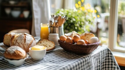 A cozy breakfast table with fresh bread, butter, and eggs, set on a checkered tablecloth for a traditional feel.